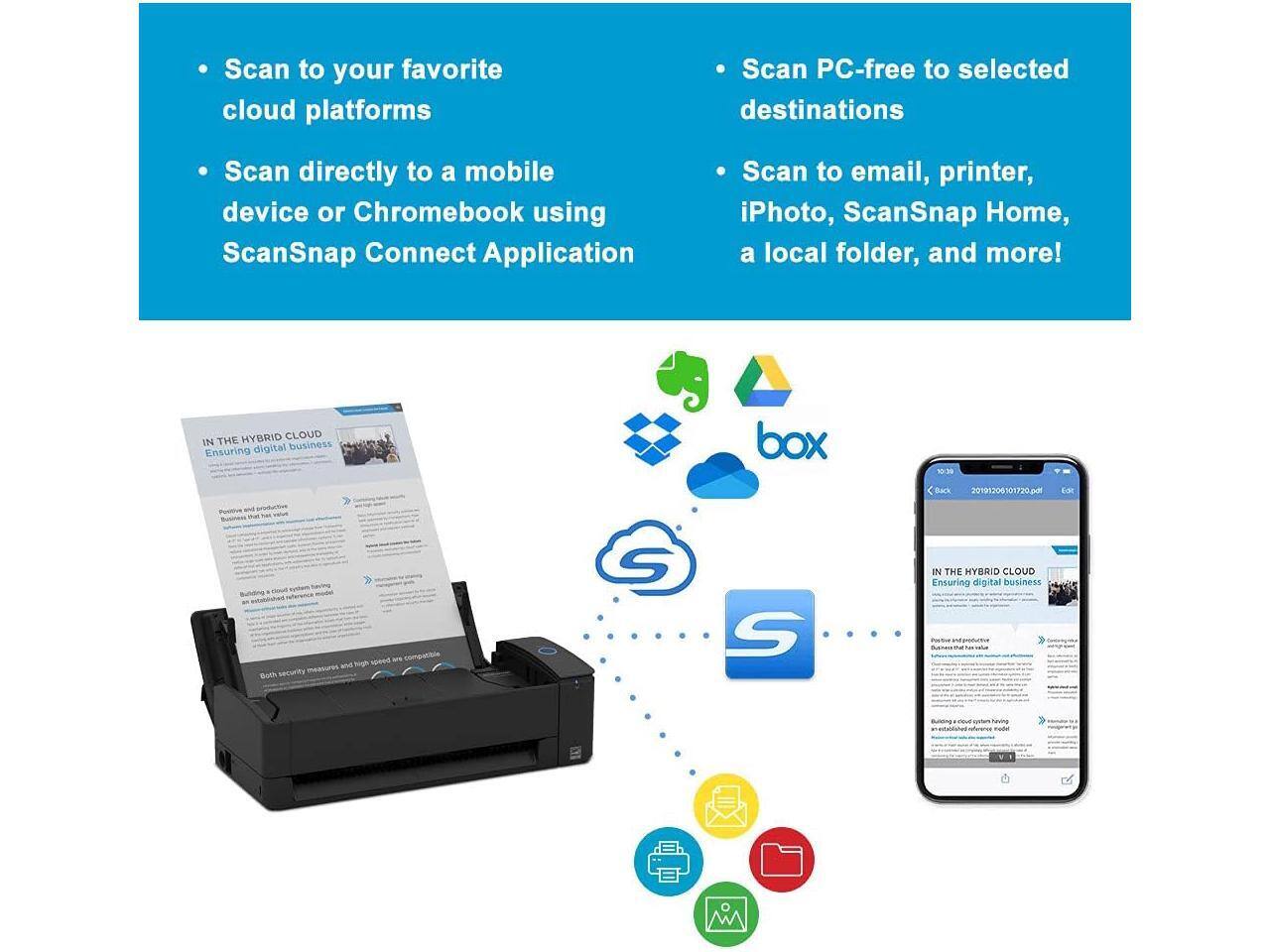 - Scan to your favorite cloud platforms
- Scan directly to a mobile device or Chromebook using ScanSnap Connect Application
- Scan PC-free to selected destinations
- Scan to email, printer, iPhoto, ScanSnap Home, a local folder, and more!

IN THE HYBRID CLOUD  
Ensuring digital business

Both security measures and high-speed compatibility - Ng security measures

IN THE HYBRID CLOUD  
Ensuring digital business