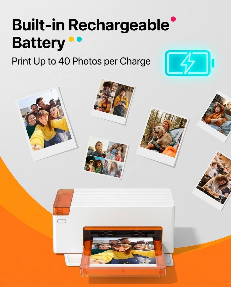 Built-in Rechargeable Battery  
Print Up to 40 Photos per Charge