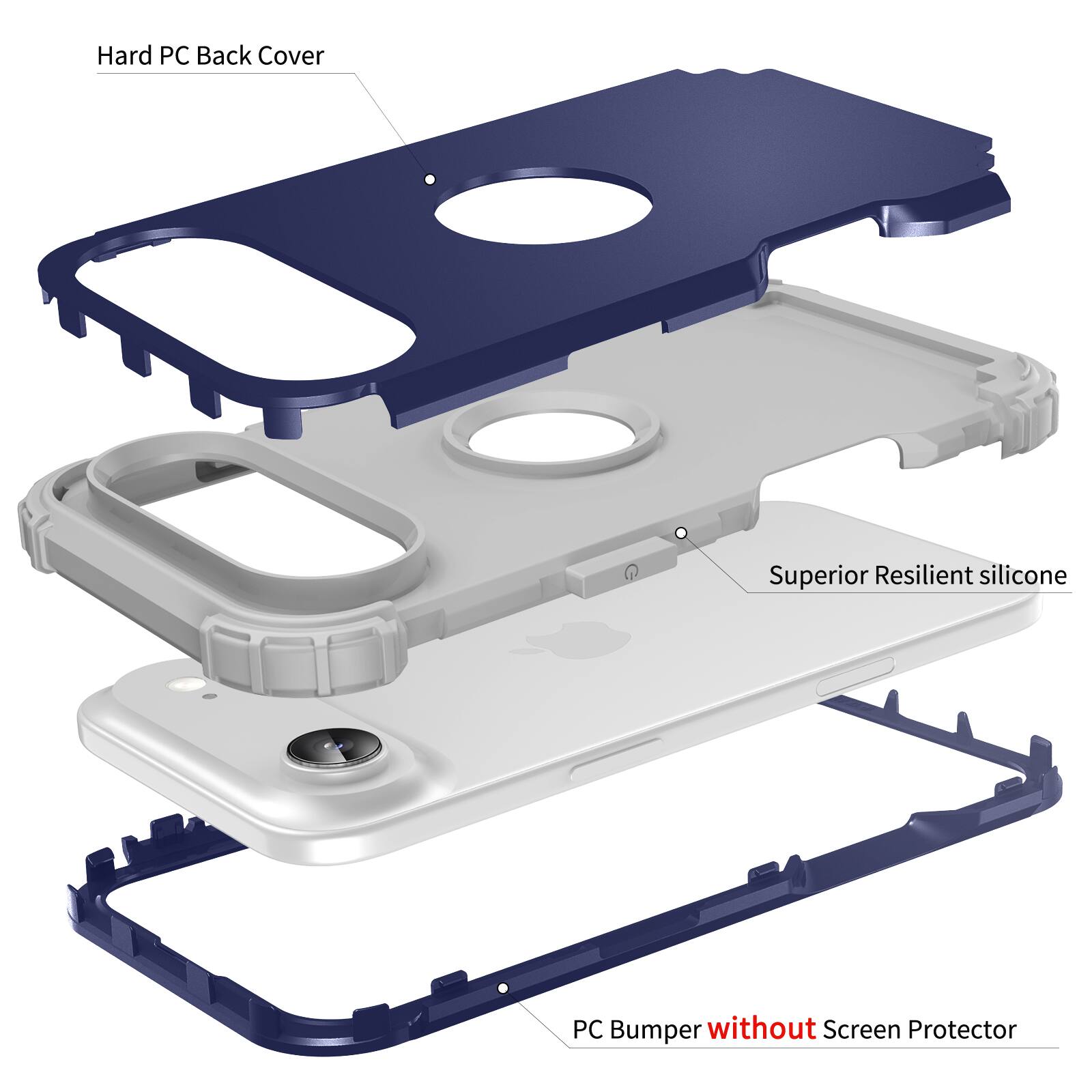 Hard PC Back Cover  
Superior Resilient Silicone  
PC Bumper without Screen Protector