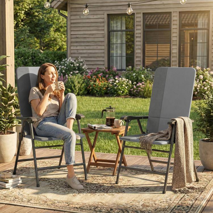 Alt View 9. PULUZ - Folding Patio Chairs Set of 2, Padded High Back Lawn Camping Chairs with Armrests, 600D Oxford Fabric - Light Gray.
