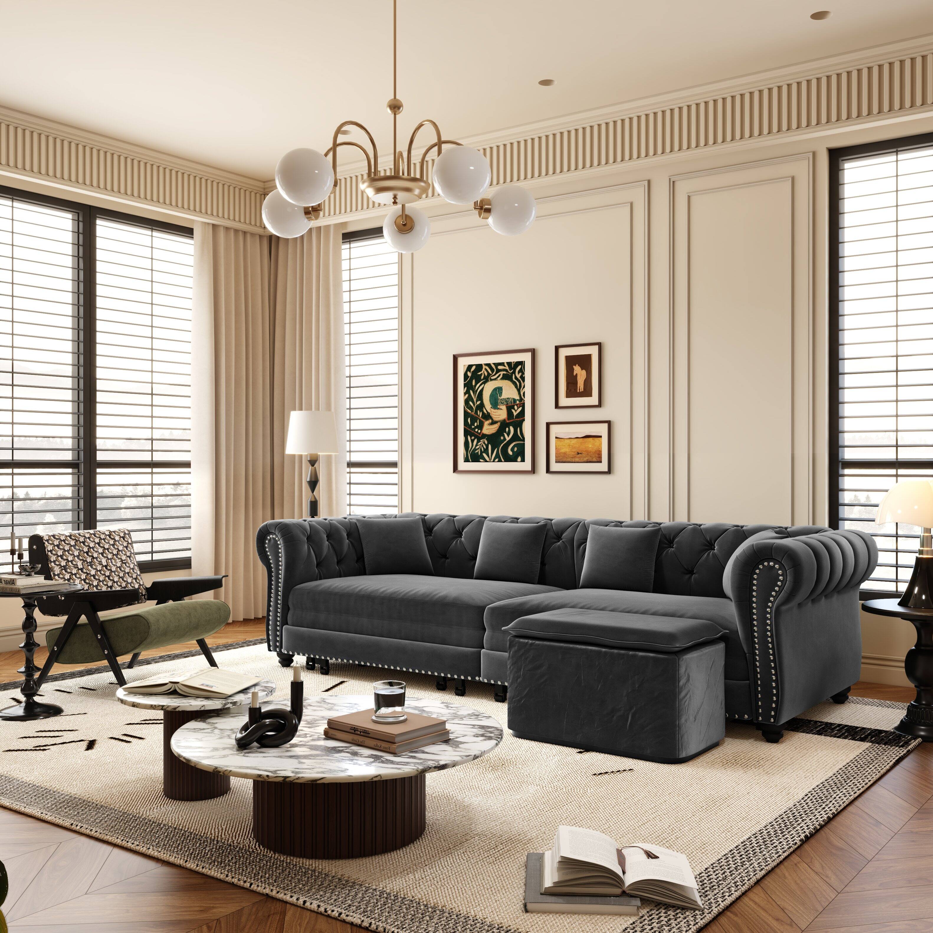 Angle. Anysun - 89" 3-in-1 Velvet Chesterfield Pull-Out Sofa Bed - King Size Sleeper with Chaise & Movable Ottoman - Grey.