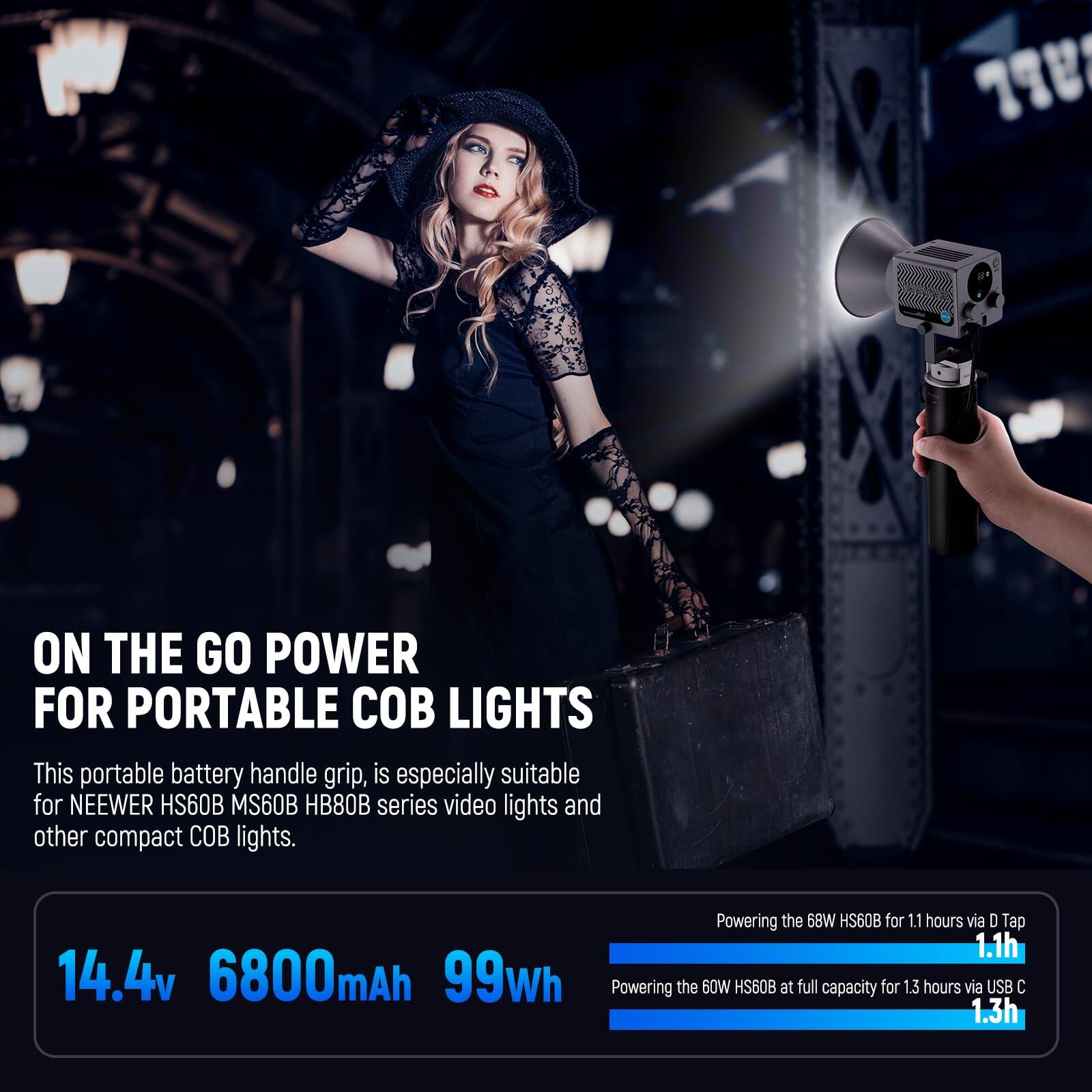 ON THE GO POWER FOR PORTABLE COB LIGHTS

This portable battery handle grip is especially suitable for NEEWER HS60B MS60B HB80B series video lights and other compact COB lights.

14.4v 6800mAh 99wh

Powering the 68W HS60B for 11 hours via D Tap 1.1h

Powering the 60W HS60B at full capacity for 13 hours via USB C 1.3h