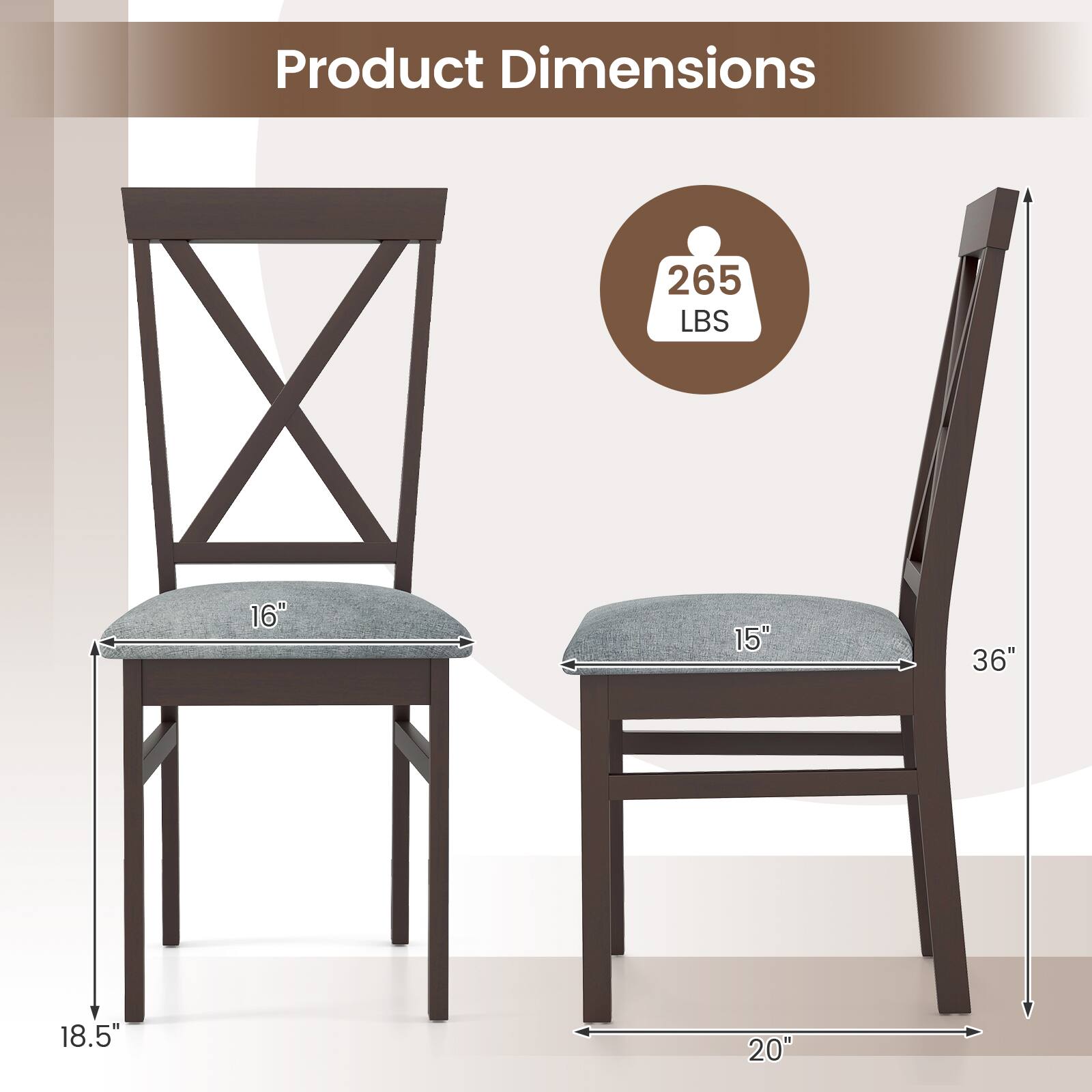 Product Dimensions

- Weight: 265 LBS
- Seat Width: 16"
- Seat Depth: 15"
- Height: 36"
- Overall Width: 20"
- Overall Depth: 18.5"