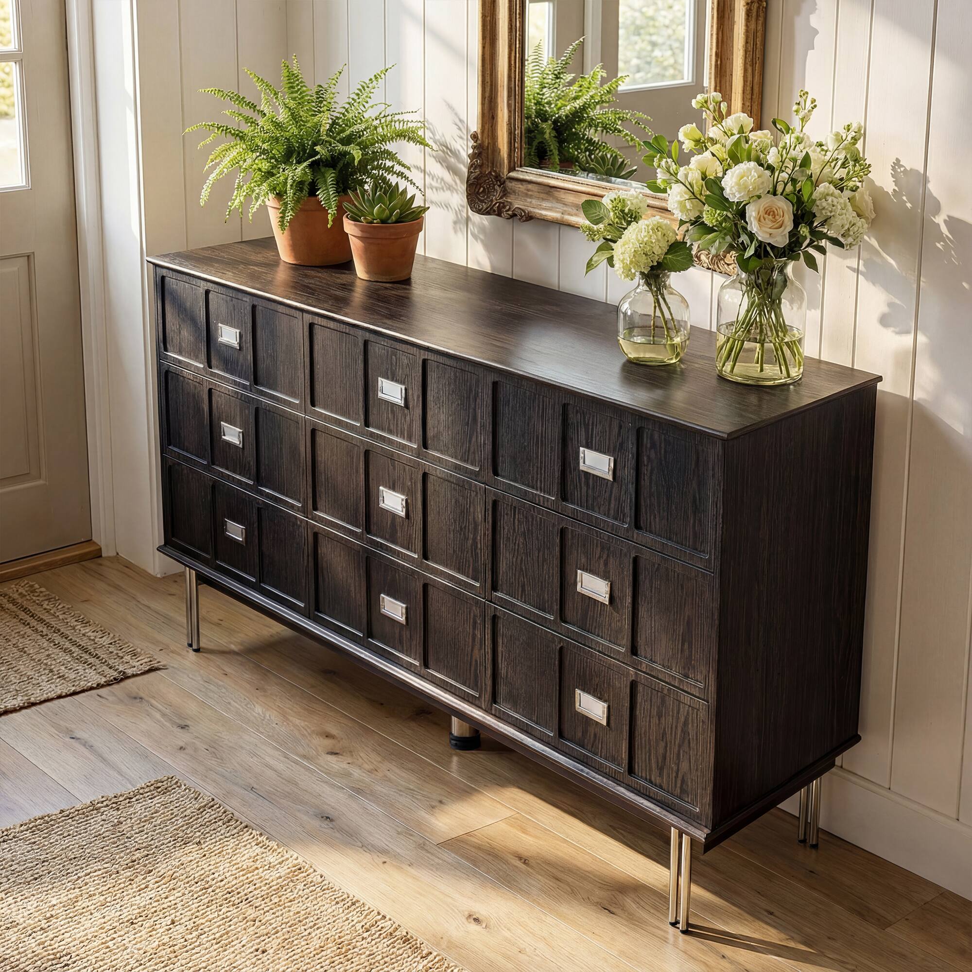 Back. FUFU & GAGA - Vintage Card Catalog 9 Drawer Dresser - Industrial Storage Cabinet with Silver Metal Handles for Bedroom, Living Room - Black.