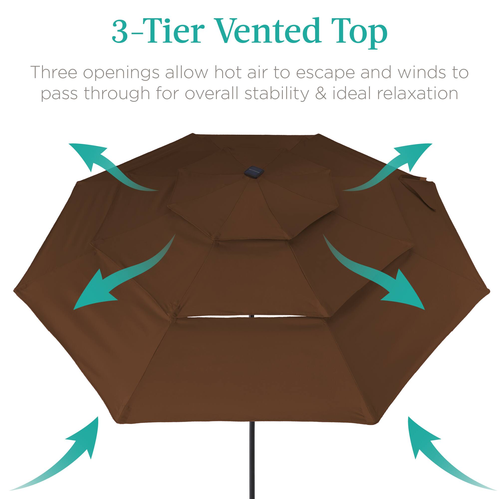 3-Tier Vented Top

Three openings allow hot air to escape and winds to pass through for overall stability & ideal relaxation