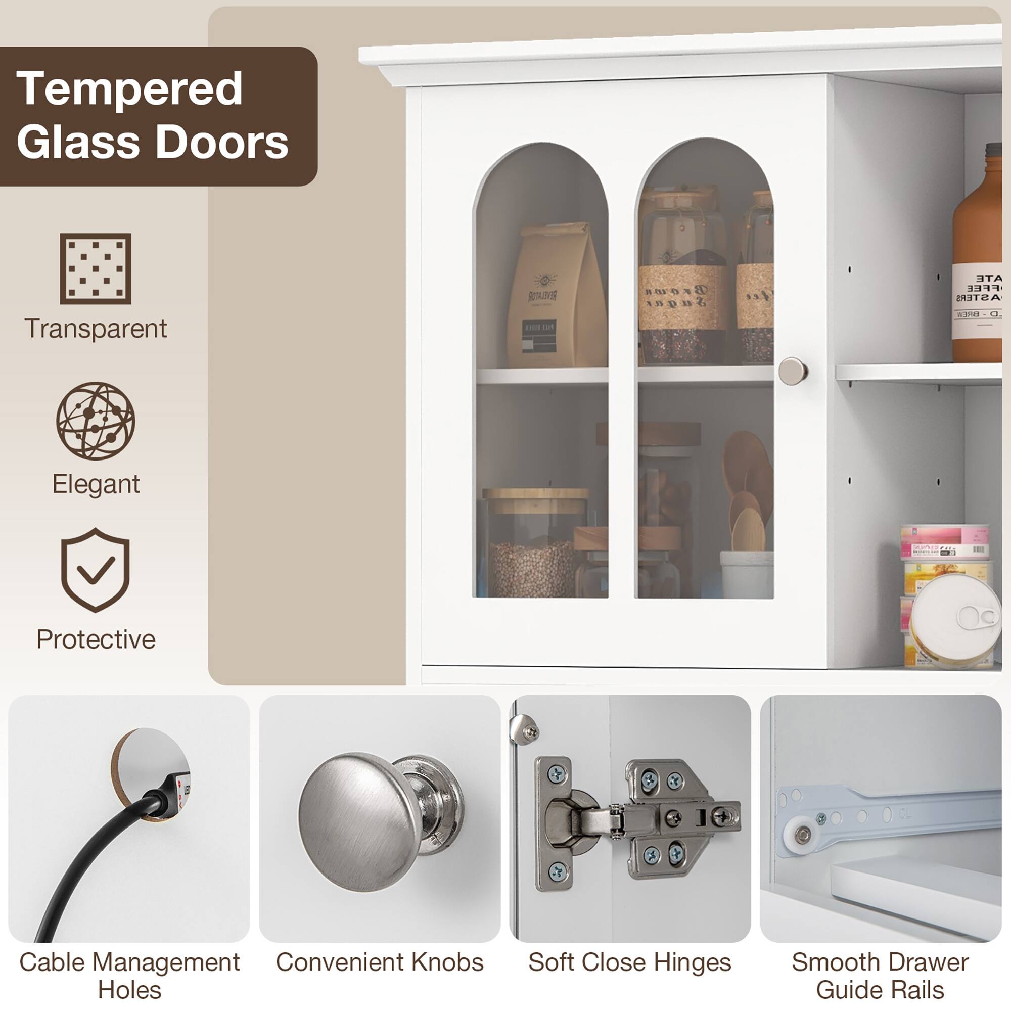 Tempered Glass Doors

- Transparent
- Elegant
- Protective

- Cable Management Holes
- Convenient Knobs
- Soft Close Hinges
- Smooth Drawer Guide Rails