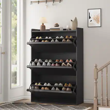 Front. Babevy - Shoe Cabinet with 3 Flip Drawers & Adjustable Shelf, Wooden Hidden Shoe Storage Organizer for Entryway Hallway - Black.
