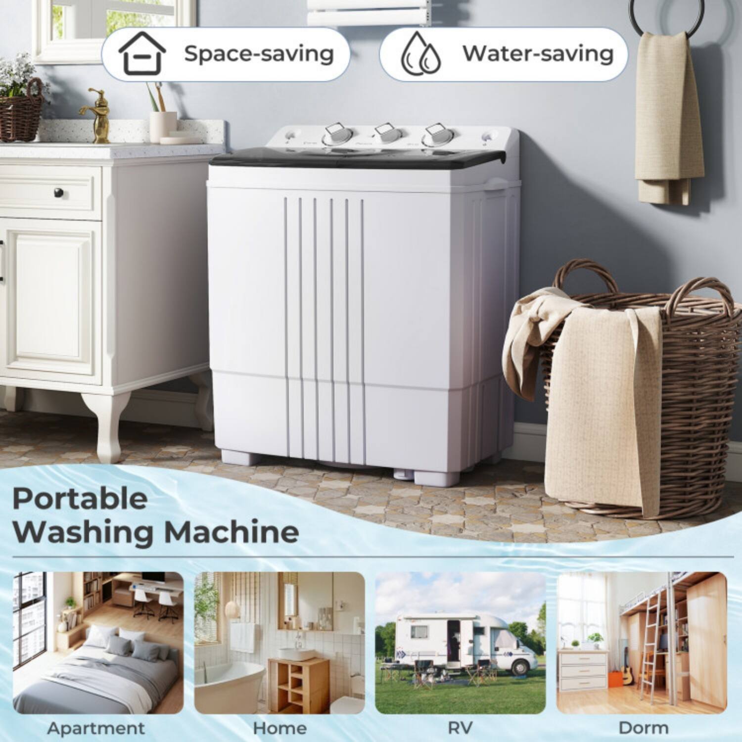 Space-saving  
Water-saving  

Portable Washing Machine  

Apartment  
Home  
RV  
Dorm