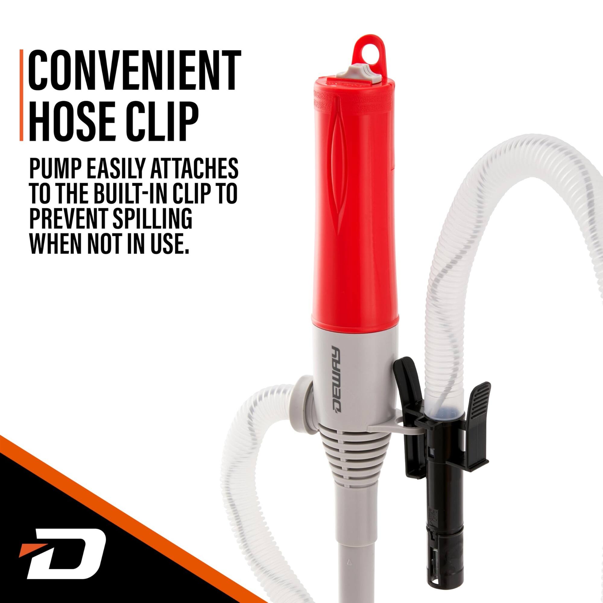 CONVENIENT HOSE CLIP PUMP EASILY ATTACHES TO THE BUILT-IN CLIP TO PREVENT SPILLING WHEN NOT IN USE. D YMBC