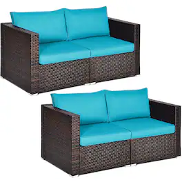Costway - 4PCS Patio Rattan Corner Sofa Sectional Furniture Set Cushion - Blue