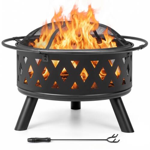 Front. Winado - 30in Metal Fire Pit Stove, Portable Round Wood Burning with Cover, Handle Ring for Outdoor Camping Garden Party Picnic - Black-Diamond Pattern.