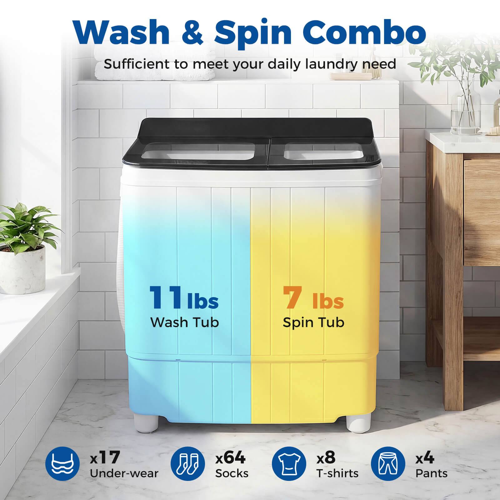 Wash & Spin Combo  
Sufficient to meet your daily laundry need  

11 lbs Wash Tub  
7 lbs Spin Tub  

x17 Underwear  
x64 Socks  
x8 T-shirts  
x4 Pants