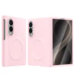 UUCOVER - For Samsung Galaxy Z Fold8 Vegan Leather Magnetic Case with Screen Protector, Magnetic Hinge Protection Slim Phone Cover - Pink