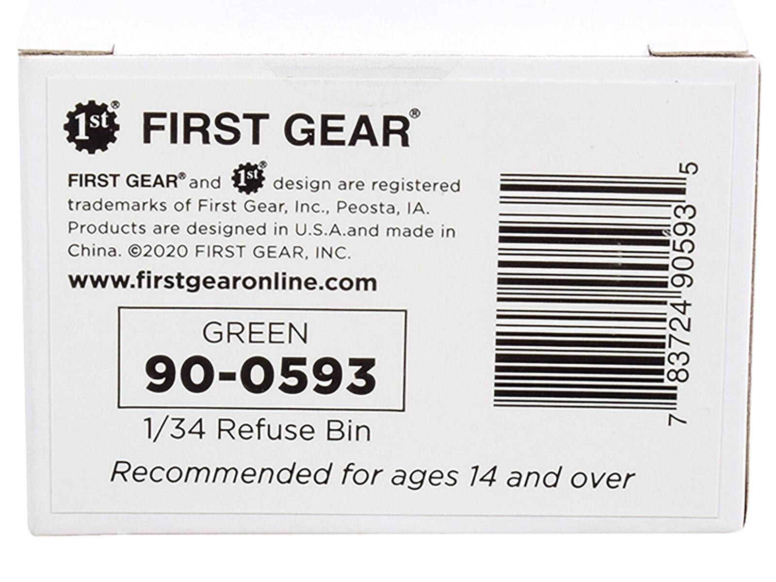 1st GEAR FIRST GEAR and design are registered trademarks of First Gear, Inc., Peosta, IA. Products are designed in U.S.A. and made in China. ©2020 FIRST GEAR, INC. www.firstgearonline.com

GREEN 90-0593 1/34 Refuse Bin Recommended for ages 14 and over

5 90593 83724 7