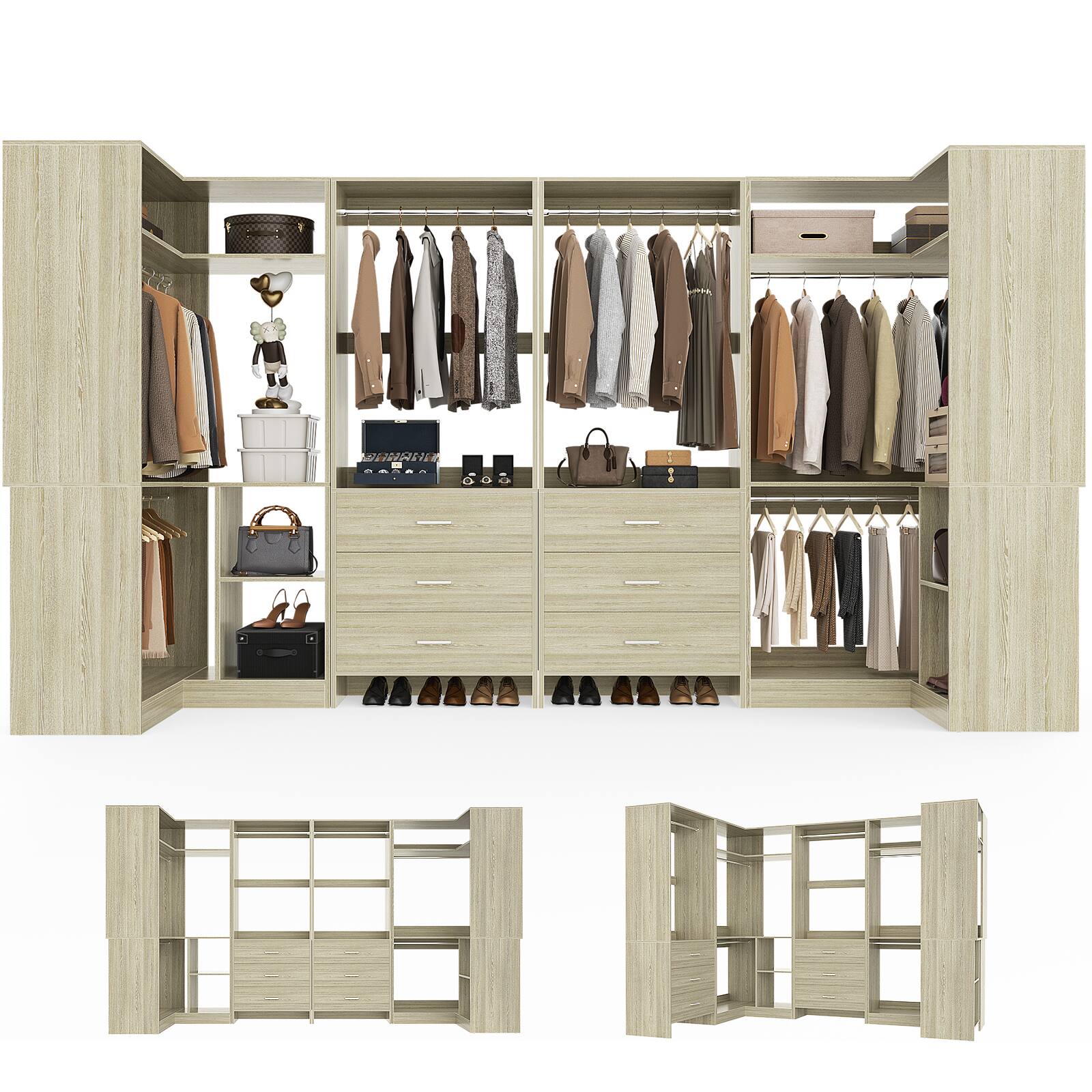 Angle. Aheaplus - U-Shaped Closet Organizer System with 6 Drawers, 112.5" Walk-in Wardrobe System with Hanging Rods & Shelves, Set of 4 - Beige Oak.