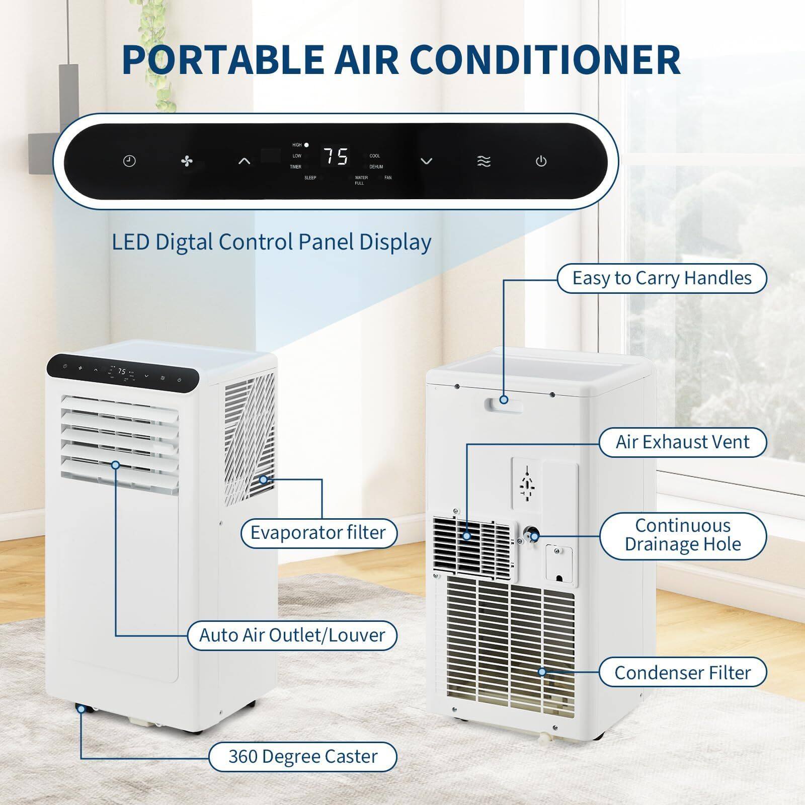 PORTABLE AIR CONDITIONER

- LED Digital Control Panel Display
- Easy to Carry Handles
- Air Exhaust Vent
- Evaporator filter
- Continuous Drainage Hole
- Auto Air Outlet/Louver
- Condenser Filter
- 360 Degree Caster