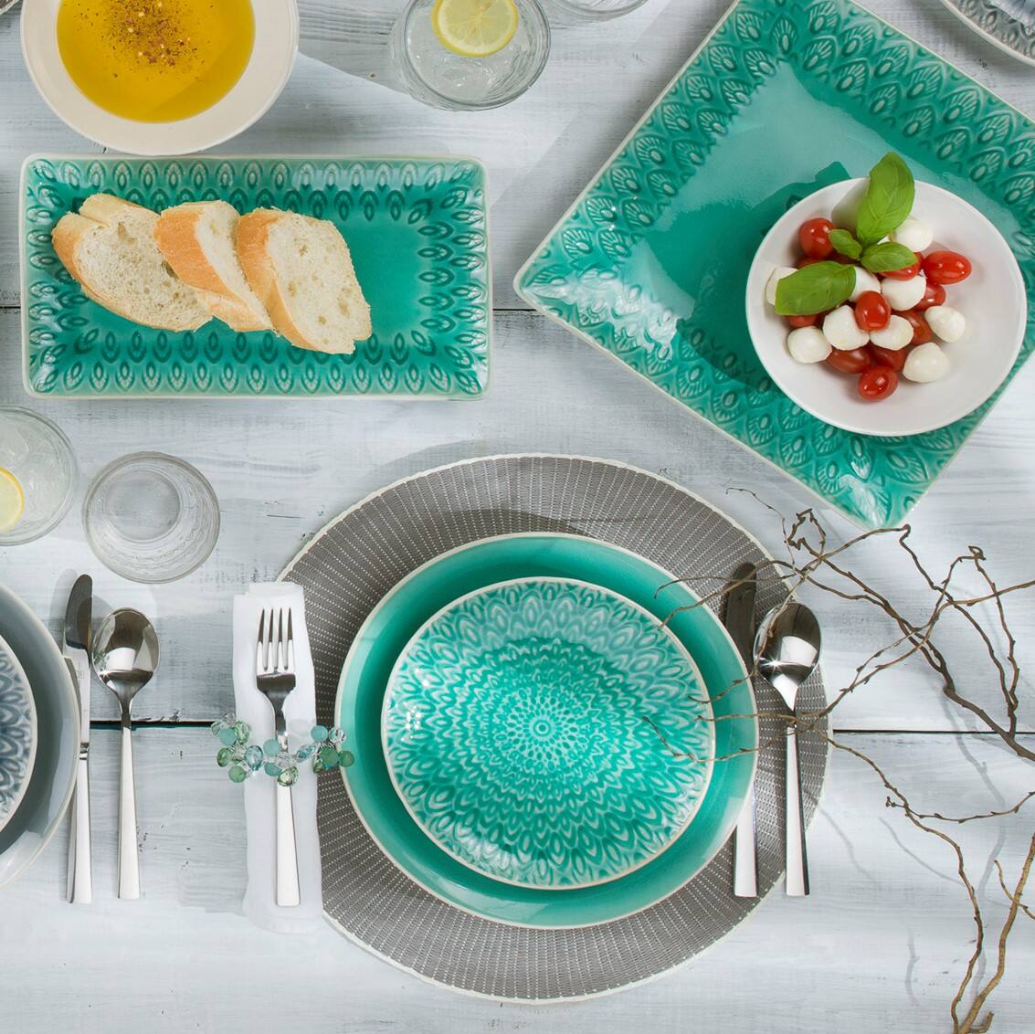 Angle. Euro Ceramica Home - Peacock 11.5 Inch Square Serving Platter -- Lagoon - Lagoon.