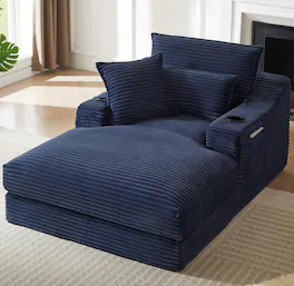 Trinkets Crazed - 48" W Upholstered Corduroy Sofa Chaise Lounge Chair Indoor with Cup Holders - Blue