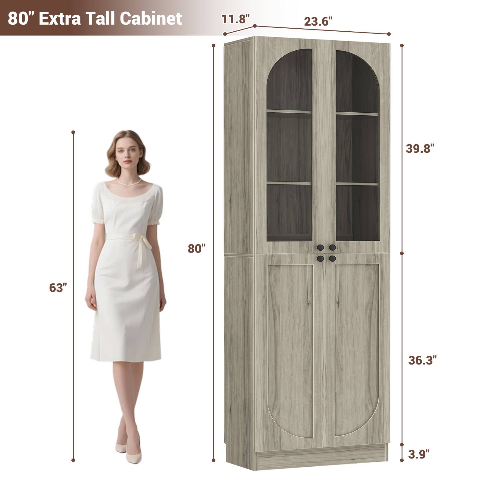 80" Extra Tall Cabinet

- Height: 80"
- Width: 36.3"
- Depth: 11.8"
- Height of Upper Section: 39.8"
- Height of Lower Section: 39.8"
- Width of Upper Section: 23.6"
- Depth of Lower Section: 3.9"
- Height of Person for Scale: 63"