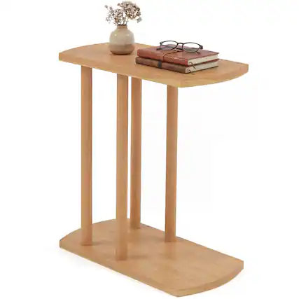 Front. Costway - Costway 1 PCS C-shaped Teak Wood Side Table with Thickened Top & Sturdy Base for Small Spaces - Natural.