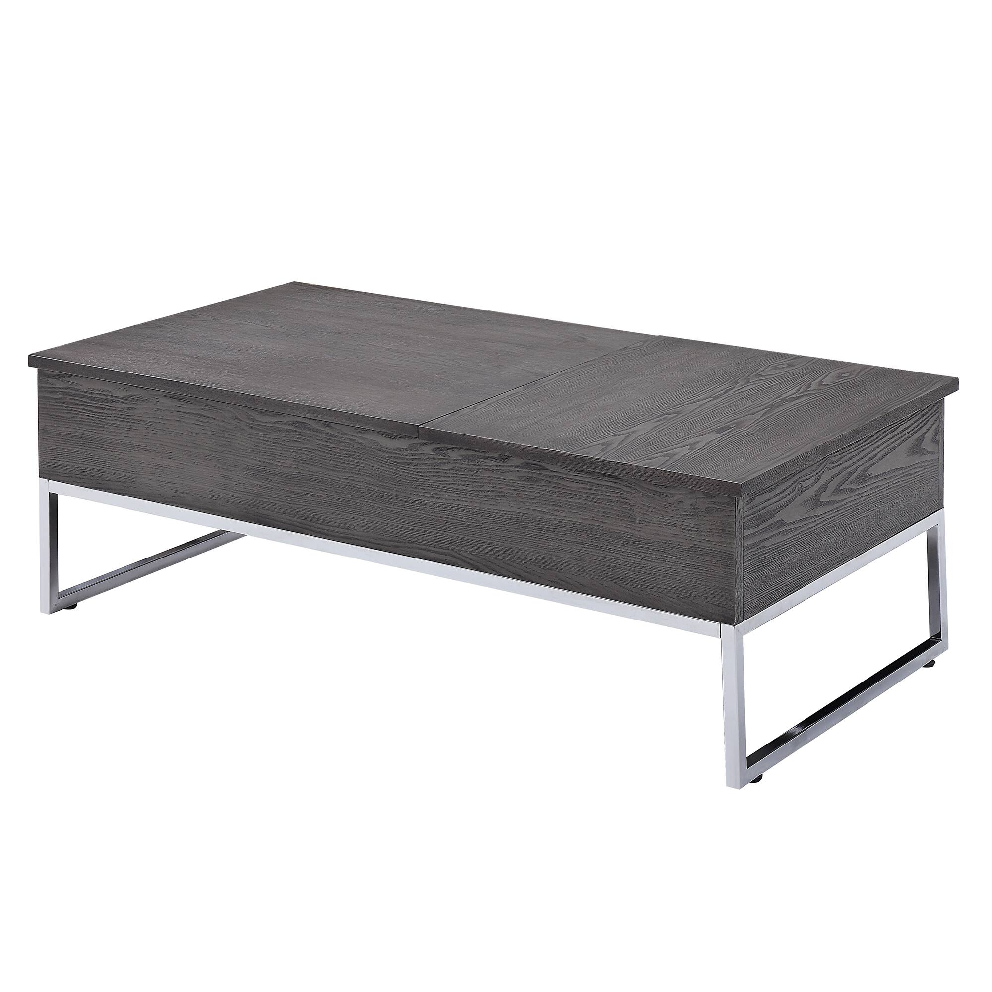Front. Manhattan Lane - Wooden Coffee Table with Two Lift Tops and Metal Sled Leg Support - Gray and Silver.