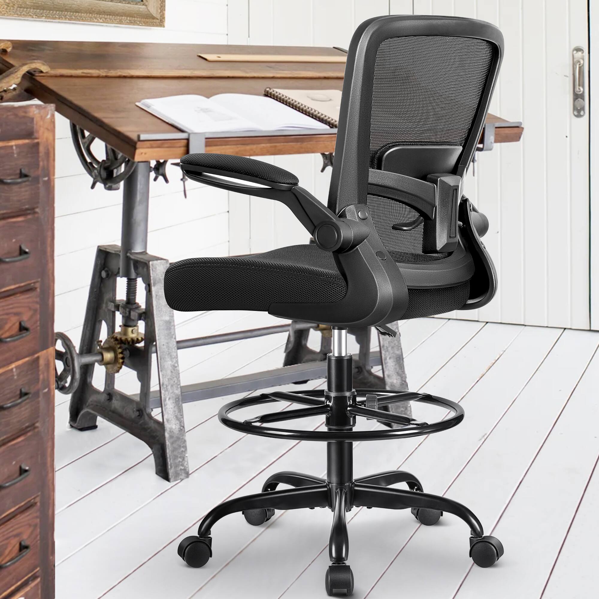 Left. Brick Attic - Drafting Chair, Tall Office Chair Ergonomic Desk Chair, Task Rolling Chair with Adjustable Flip-up Armrests Foot Ring - Black.