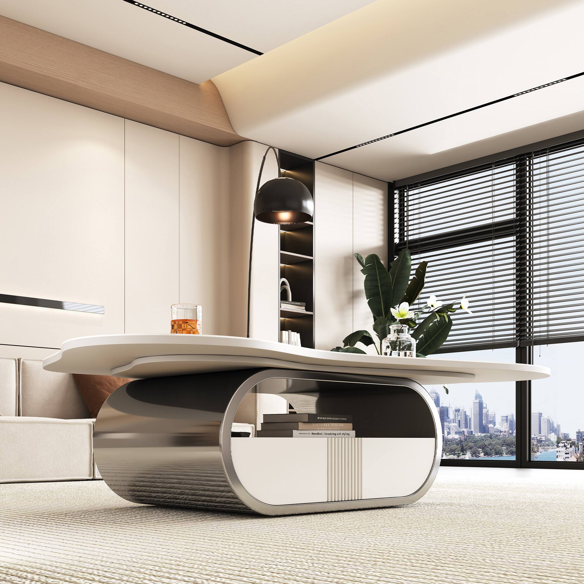 Alt View 1. Tiramisubest - Modern Butterfly Coffee Table with Sintered Stone Top–Oval Center Table with Shelf & Drawer,Stainless Steel Base - Grey+White.