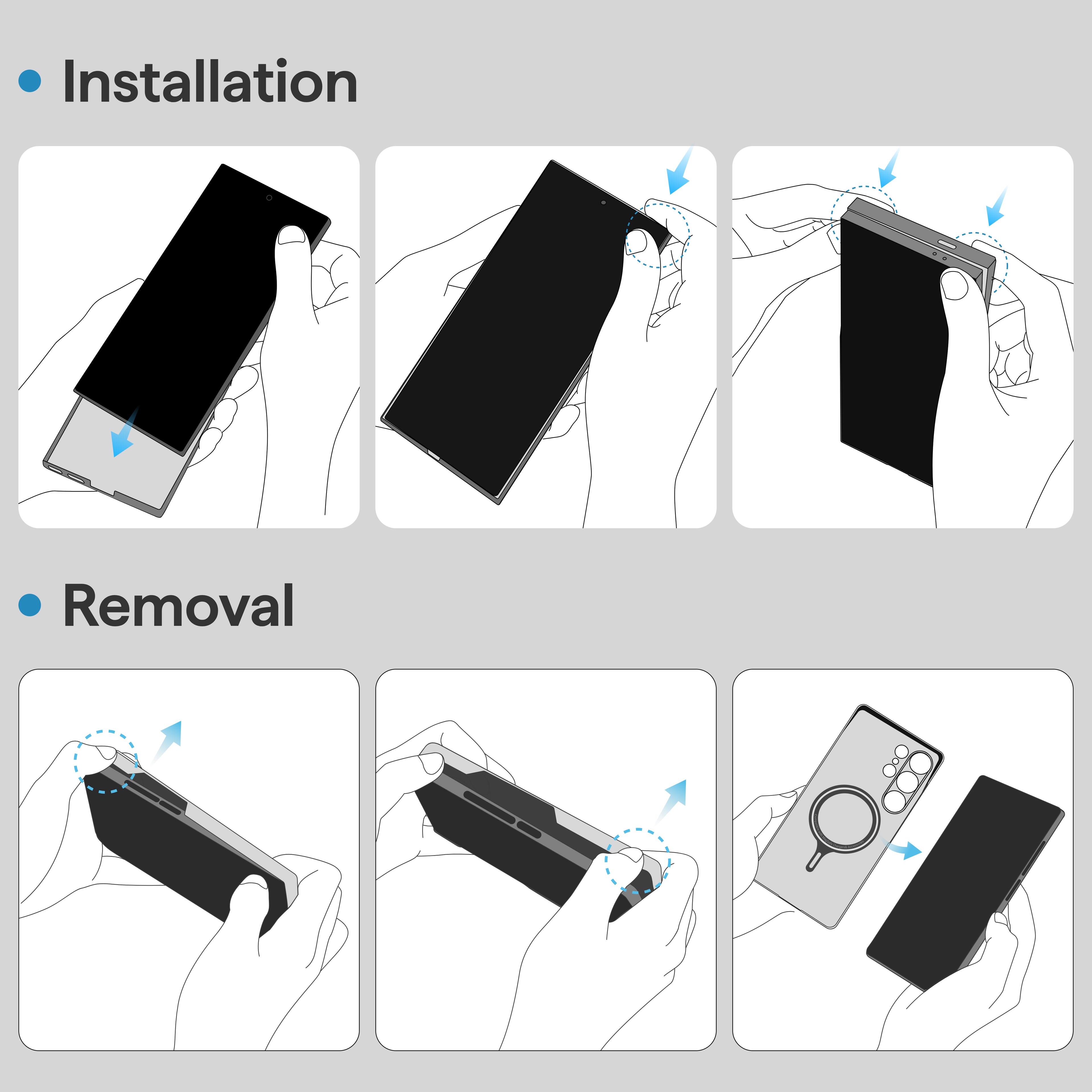 Installation

- Insert the device into the case.
- Align the device with the case.
- Press the device into the case.

Removal

- Grasp the device.
- Slide the device out of the case.
- Remove the device from the case.
