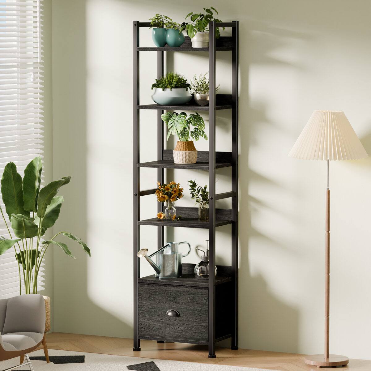 Left. Furnulem - 6 Tier Industrial Storage Bookshelf with Fabric Drawer for Bedroom Living Room Home Office - Black.