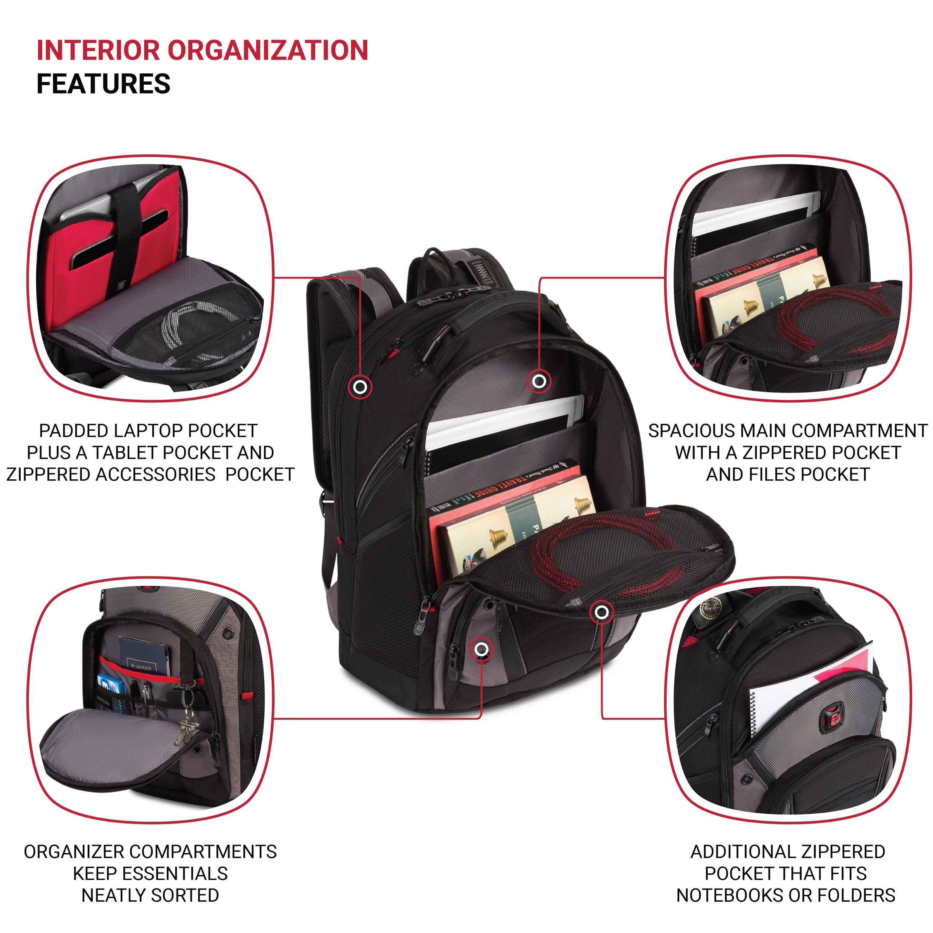 Interior Organization Features:

1. Padded Laptop Pocket
2. Tablet Pocket
3. Zippered Accessories Pocket
4. Spacious Main Compartment
5. Zippered Pocket
6. Files Pocket
7. Organizer Compartments
8. Additional Zippered Pocket for Notebooks or Folders

These features help keep essential items neatly sorted and organized, making it easier to find what you need when you need it.