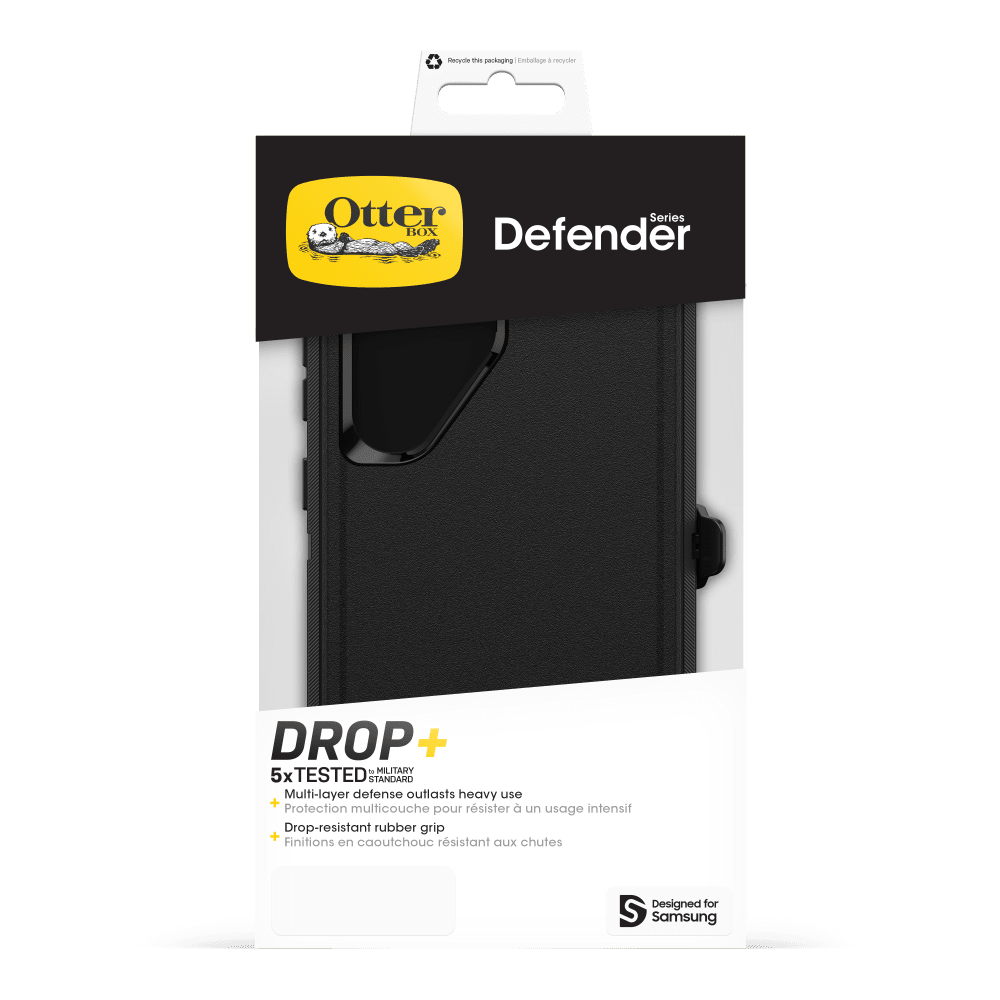 Recycle the packaging  
Emballage recyclable  

Otter Series BOX Defender  

DROP + 1g MILITARY  
5x TESTED STANDARD  
Multi-layer defense outlasts heavy use  
Protection multicouche pour résister à un usage intensif  

Drop-resistant rubber grip  
Finitions en caoutchouc résistant aux chutes  

Designed for Samsung