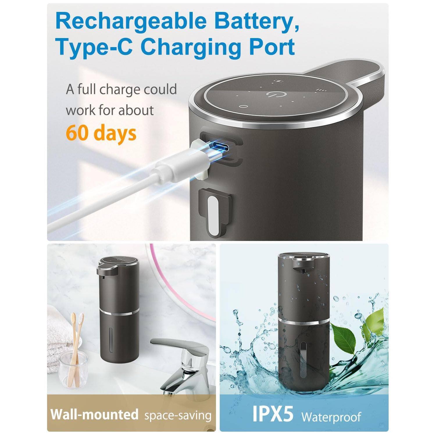 Rechargeable Battery, Type-C Charging Port

A full charge could work for about 60 days

Wall-mounted space-saving

IPX5 Waterproof