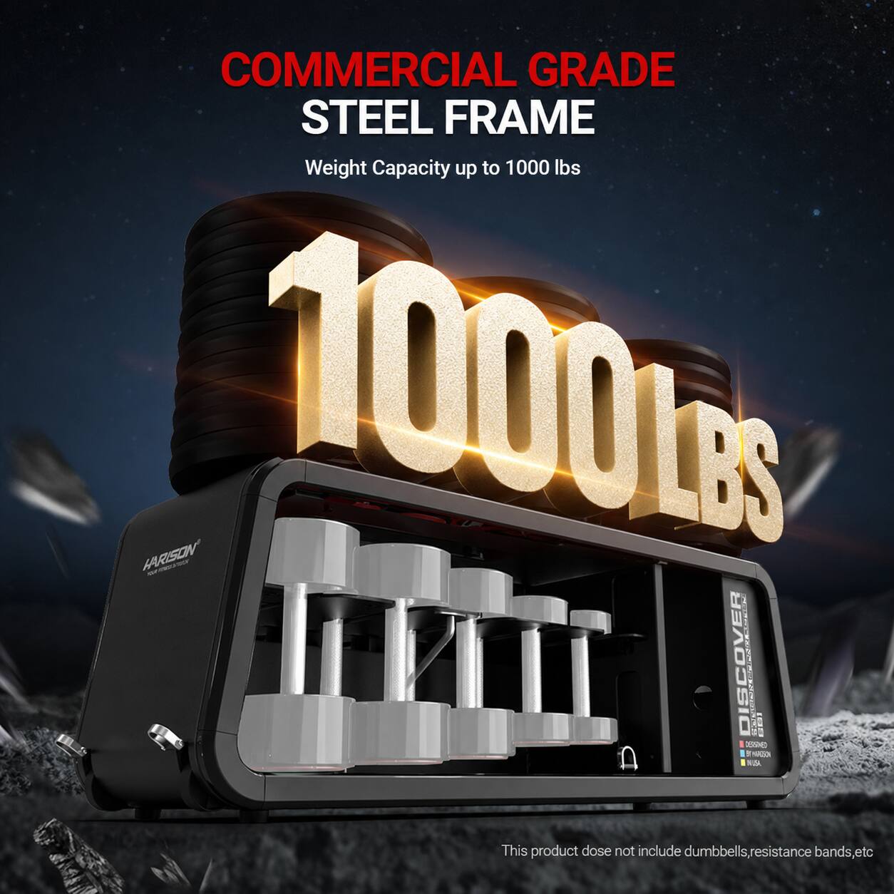 COMMERCIAL GRADE STEEL FRAME  
Weight Capacity up to 1000 lbs  

HRISON i 1000LRs EL 3 DISCOVER RC  

X  

NO  

This product does not include dumbbells, resistance bands, etc