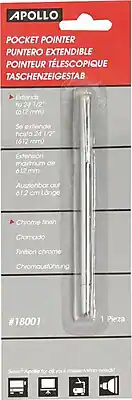 APOLLO
POCKET POINTER
PUNTERO EXTENDIBLE
POINTEUR TÉLESCOPIQUE
TASCHENZEIGESTAB
Extends to 24 1/2" (612 mm)
Se extiende hasta 24 1/2" (612 mm)
Extension maximum de 612 mm
Ausschbar auf 61,2 cm Länge
Chrome finish
Cromado
Finition chrome
Chromauftrug
#18001
1 Pieza
Select Apollo for all your presentation needs!