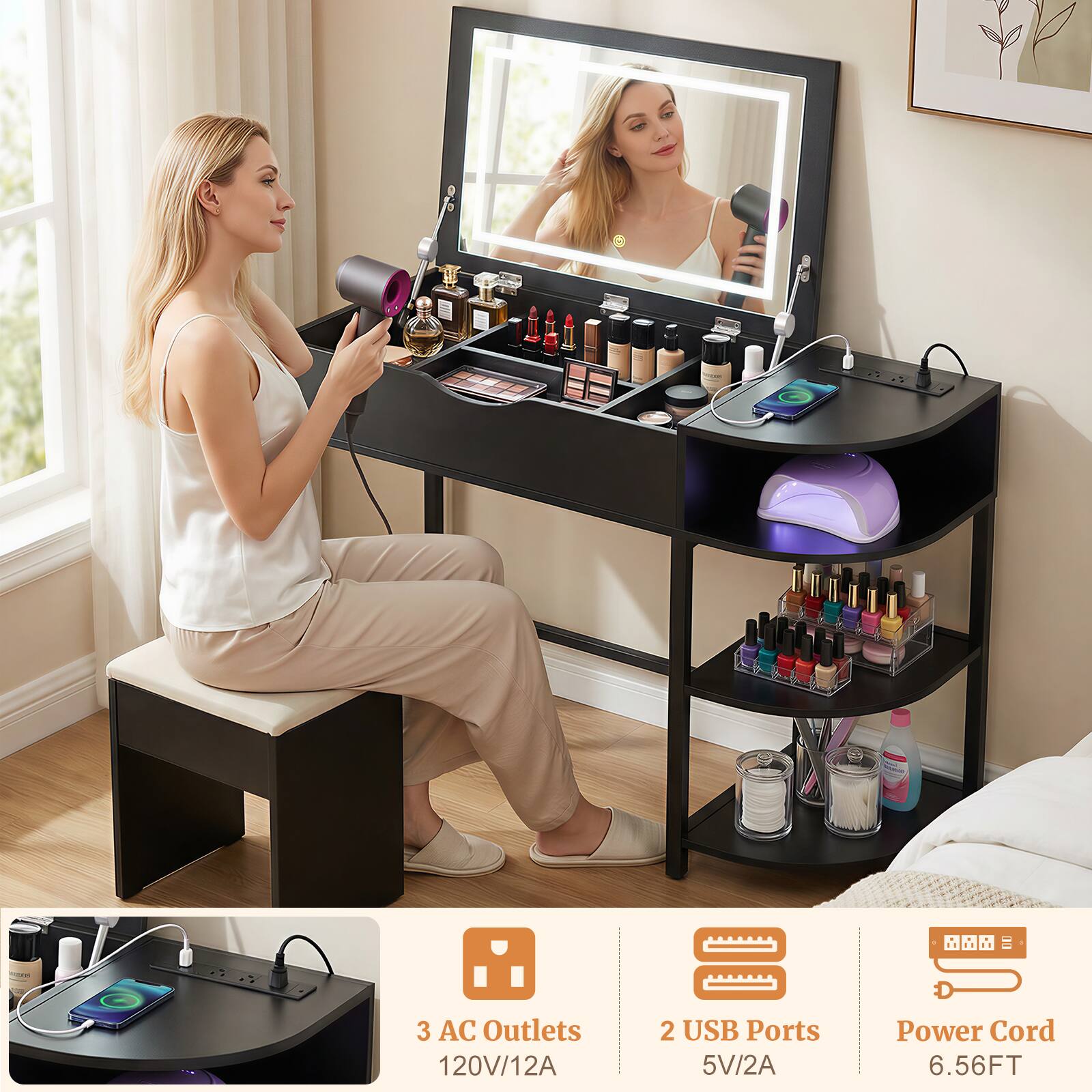 3 AC Outlets 120V/12A  
2 USB Ports 5V/2A  
Power Cord 6.56FT