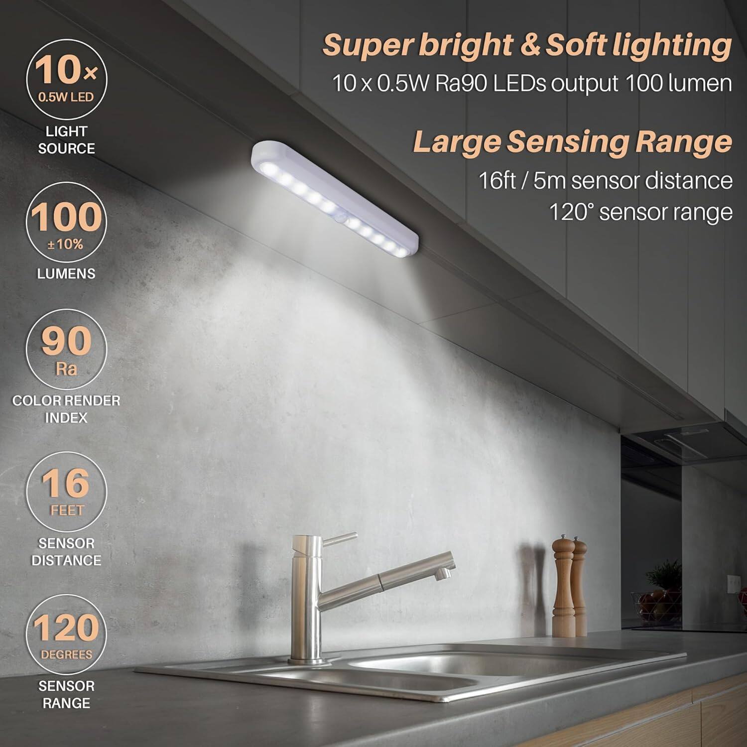 - 10x 0.5W LED Super bright & Soft lighting
- 10 x 0.5W Ra90 LEDs output 100 lumen
- Large Sensing Range
- 16ft / 5m sensor distance
- 120° sensor range
- 100 ±10% LUMENS
- 90 Ra COLOR RENDER INDEX
- 16 FEET SENSOR DISTANCE
- 120 DEGREES SENSOR RANGE