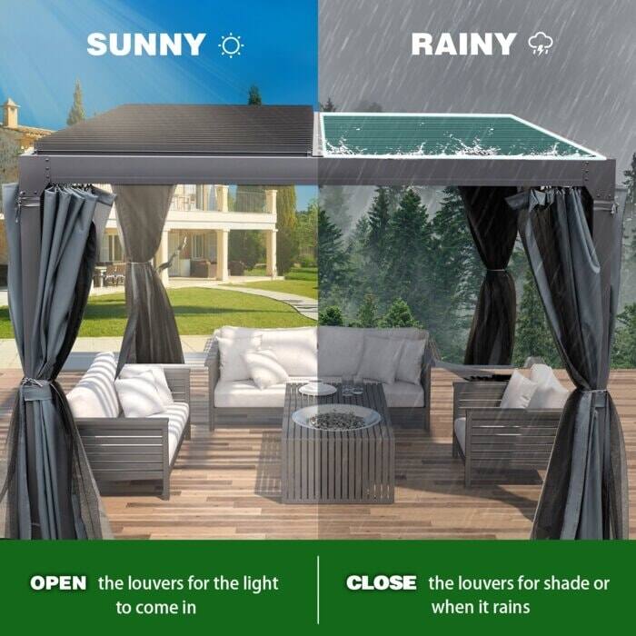 SUNNY  
OPEN the louvers for the light to come in

RAINY  
CLOSE the louvers for shade or when it rains