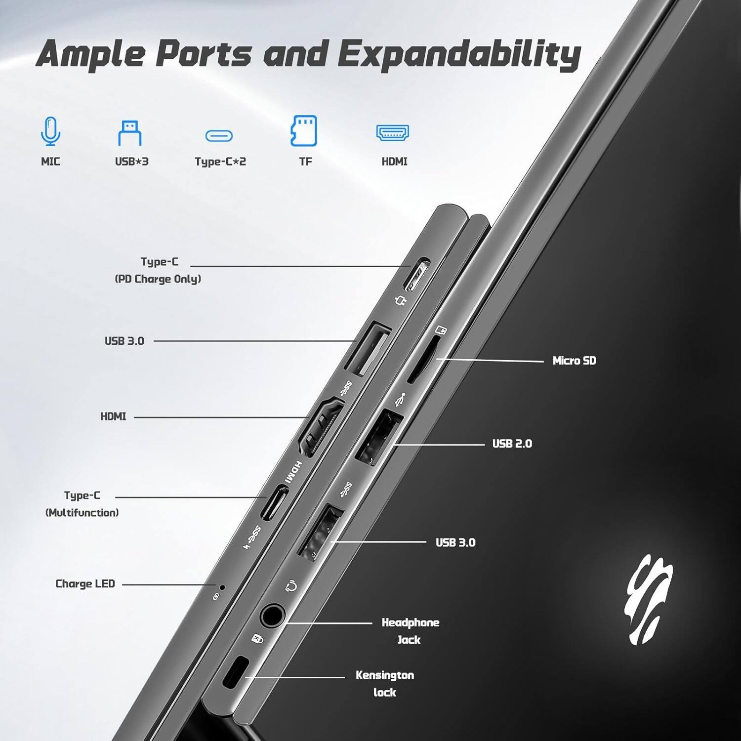 Ample Ports and Expandability

- MIC
- USB*3
- Type-C*2
- TF
- HDMI

Type-C (PD Charge Only)
USB 3.0
HDMI
Type-C (Multifunction)
Charge LED
Micro SD
USB 2.0
USB 3.0
Headphone Jack
Kensington lock