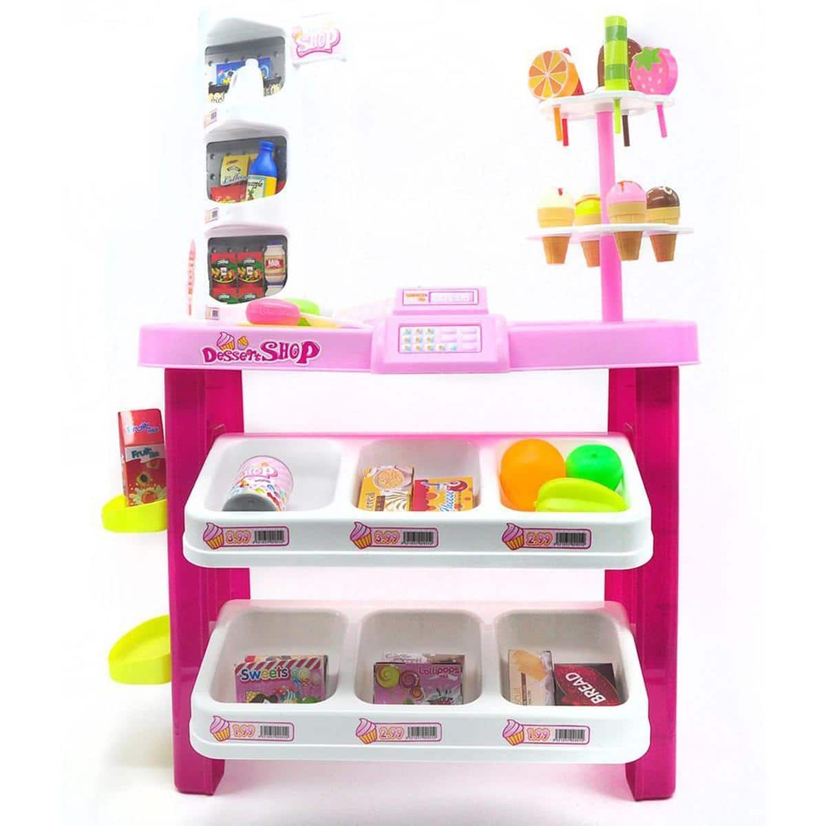 JuzToys - 40pcs Realistic Dessert Shop for Kids – Pretend Play Grocery Toy Set Includes Cash Register with Scanner, Calculator - Multi