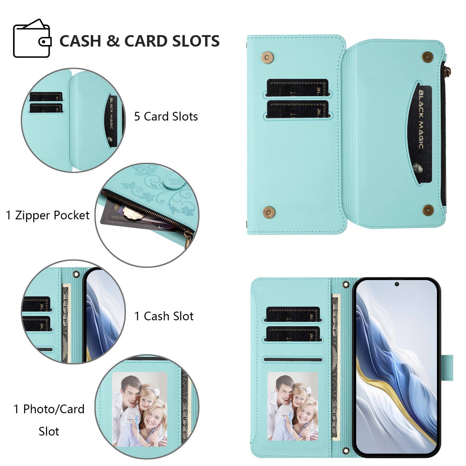 CASH & CARD SLOTS

- 5 Card Slots
- 1 Zipper Pocket
- 1 Cash Slot
- 1 Photo/Card Slot