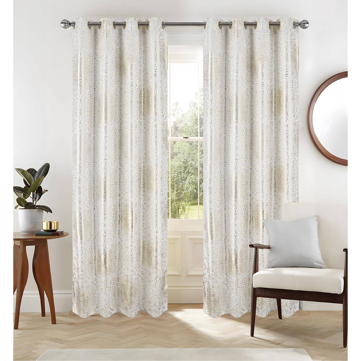 Angle. RT Designers Collection - RT Designer Collection Helena Halo Foil Blackout Luxurious Decorative Grommet Curtain Panel 54" x 90" White - White.