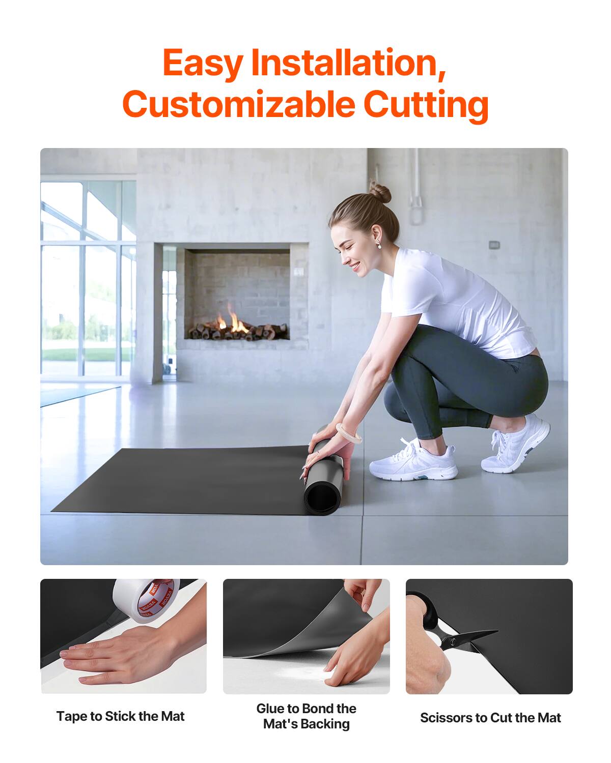 Easy Installation, Customizable Cutting

Tape to Stick the Mat
Glue to Bond the Mat's Backing
Scissors to Cut the Mat