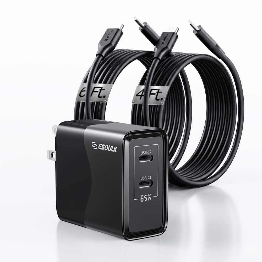 Esoulk - Premium 65W GaN Dual USB-C Wall Charger Adapter with 2 Cables for iPhone Duo 18 17 Pro Max, Macbook, iPad, Samsung - Black