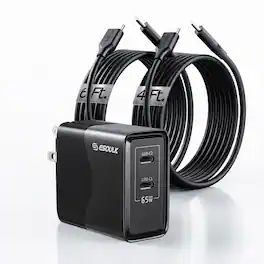 Esoulk - 65W Dual USB-C Power Adapter + 2 Cables (6' and 4') For iPhone Duo 18 17 iPad Macbook Air Pro - Black