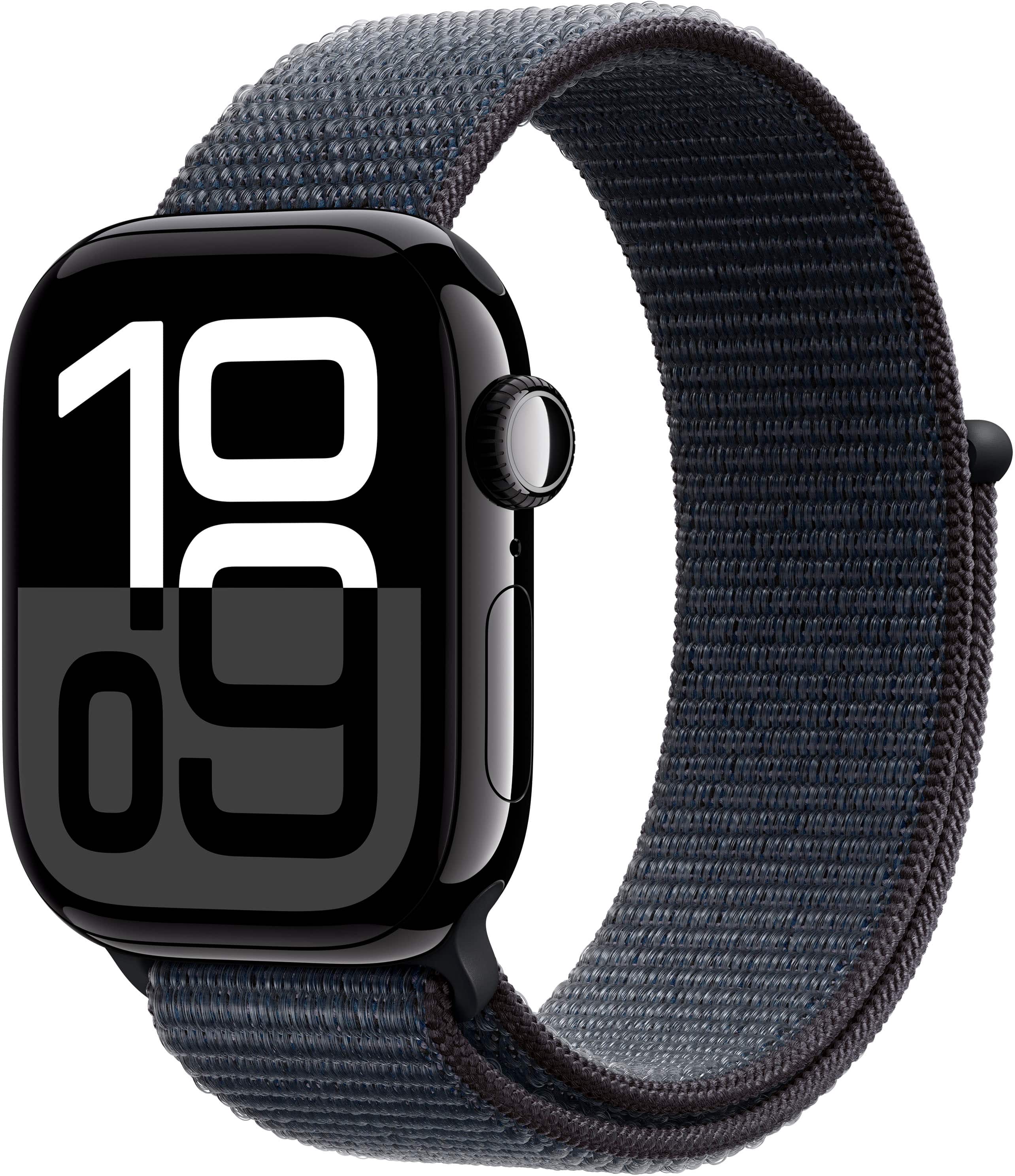 Angle. Apple - Apple Watch Series 10 (GPS) 42mm Aluminum Case with Ink Sport Loop - Jet Black.