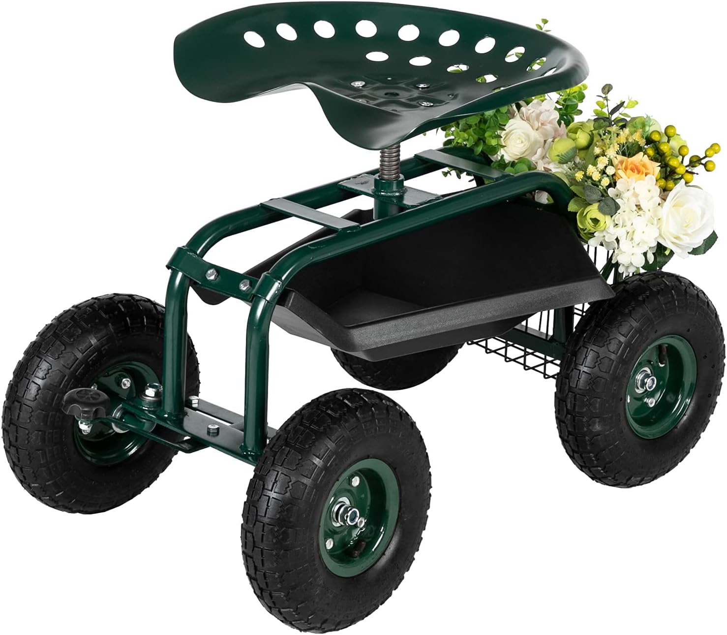 Front. Winado - Rolling Garden Cart, 360° Swivel Work Seat for Lawn Yard Green | Storage basket and tool tray keep organized.