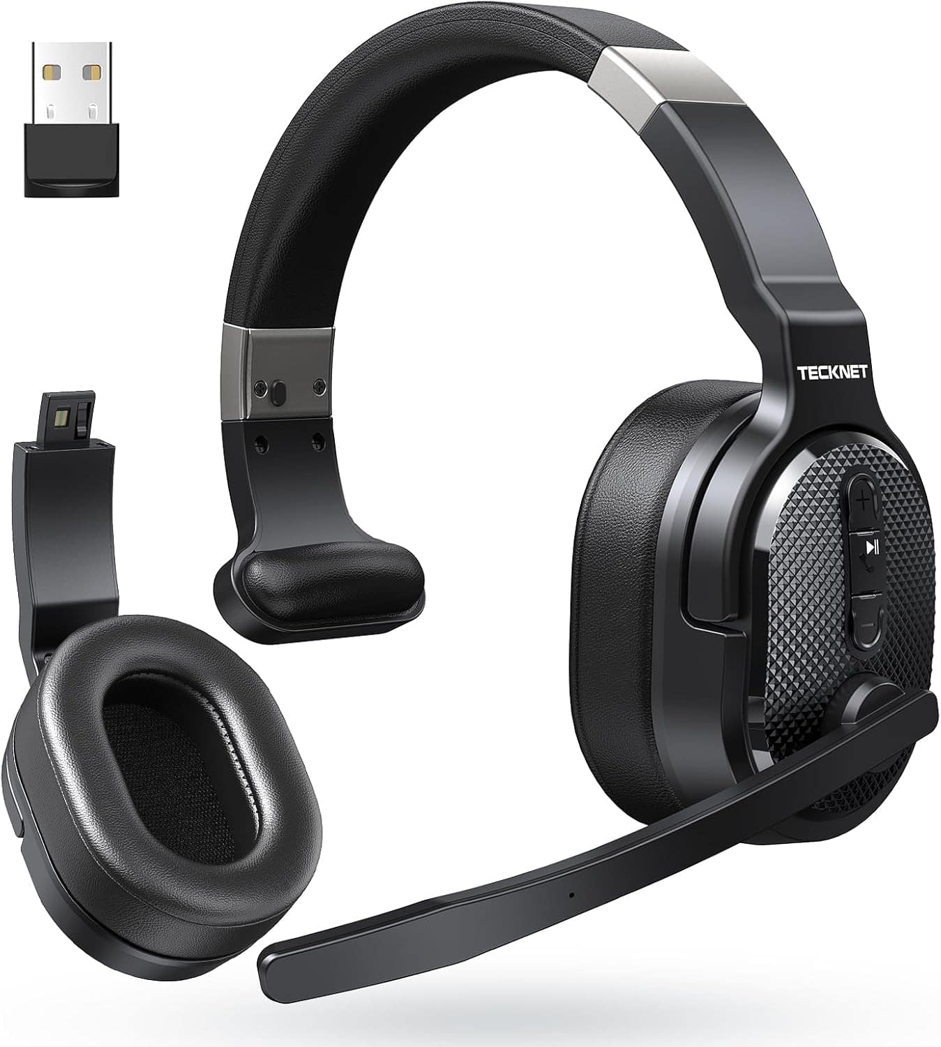 TECKNET - Bluetooth Trucker Headset, Noise Cancelling Mic, Single/Dual Ear, 50Hrs, 3 EQ, for PC/Trucker/Office/Call Center