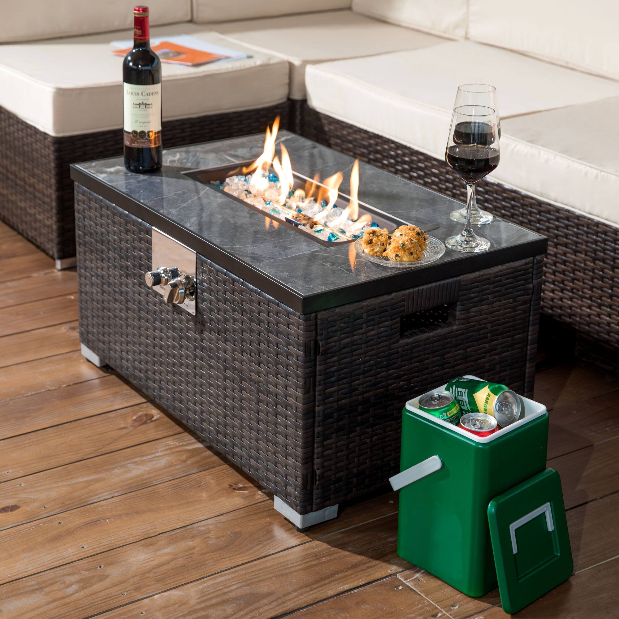 Front. Lirago - 32" Propane Fire Pit Table 50000 BTU Outdoor Fire Pit Table with Tile Tabletop and Wicker Base Brown - Brown.