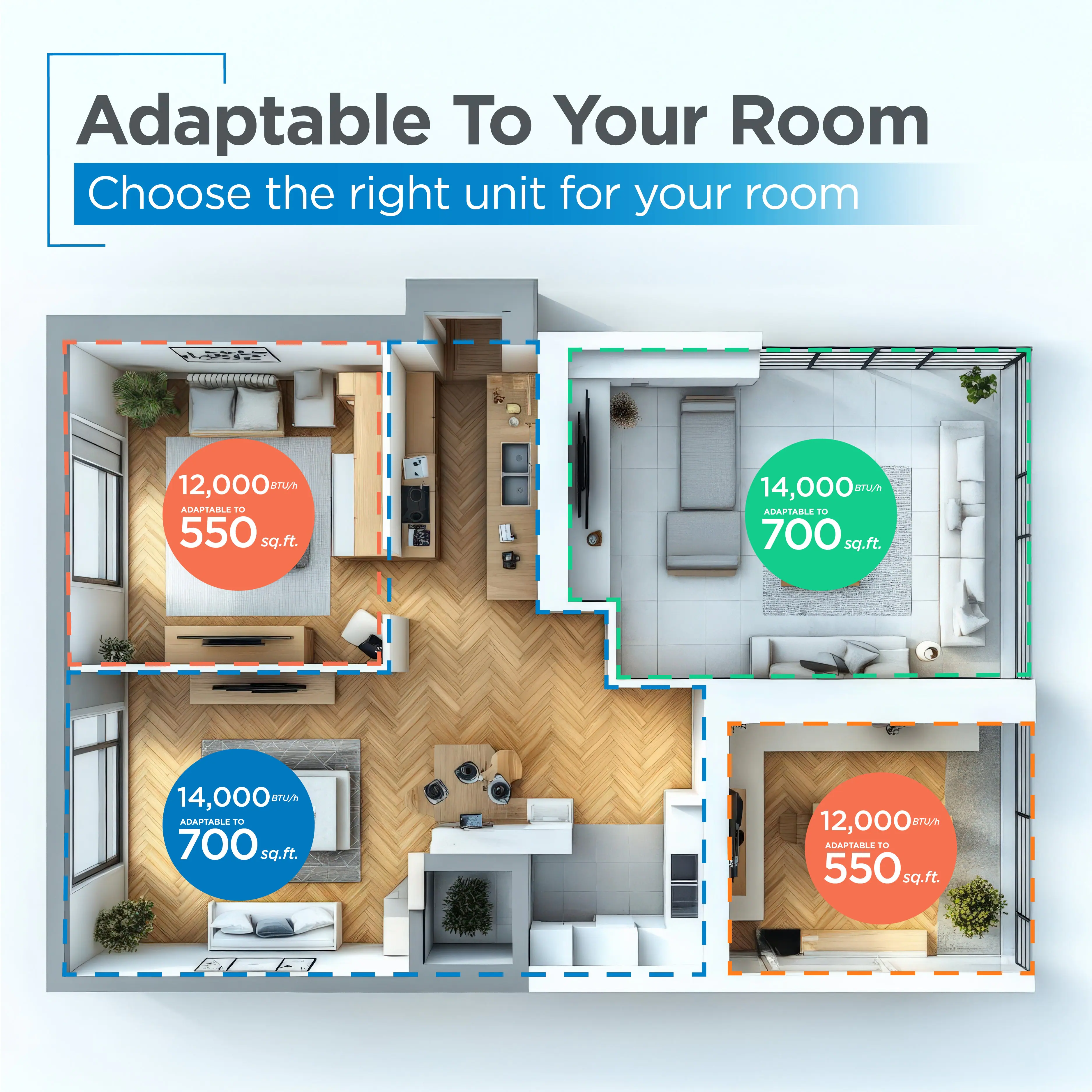 Adaptable To Your Room Choose the right unit for your room - 12,000 arun ADAPTABLE to 550 sq.ft. 14,000 rw AUSPIABLE To 700 sq.ft. 14,000u oTw ACAPTABLE Te 700 sq.ft. 12,000 eTu AGAPTABLE d0 550 sq.ft.