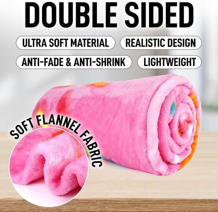 Here is the corrected and grouped text from the image:

- **Double Sided**
- **Ultra Soft Material**
- **Realistic Design**
- **Anti-Fade & Anti-Shrink**
- **Lightweight**
- **Soft Flannel Fabric**